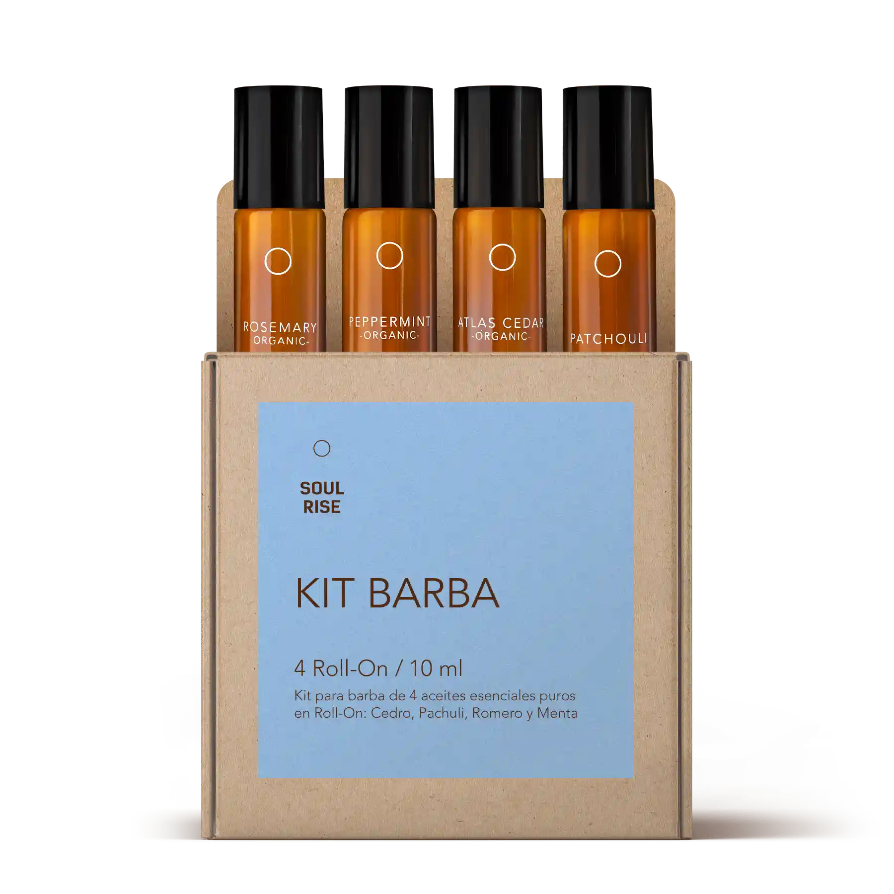 Kit para barba de 4 aceites esenciales puros en Roll-On: Cedro, Pachuli, Romero y Menta