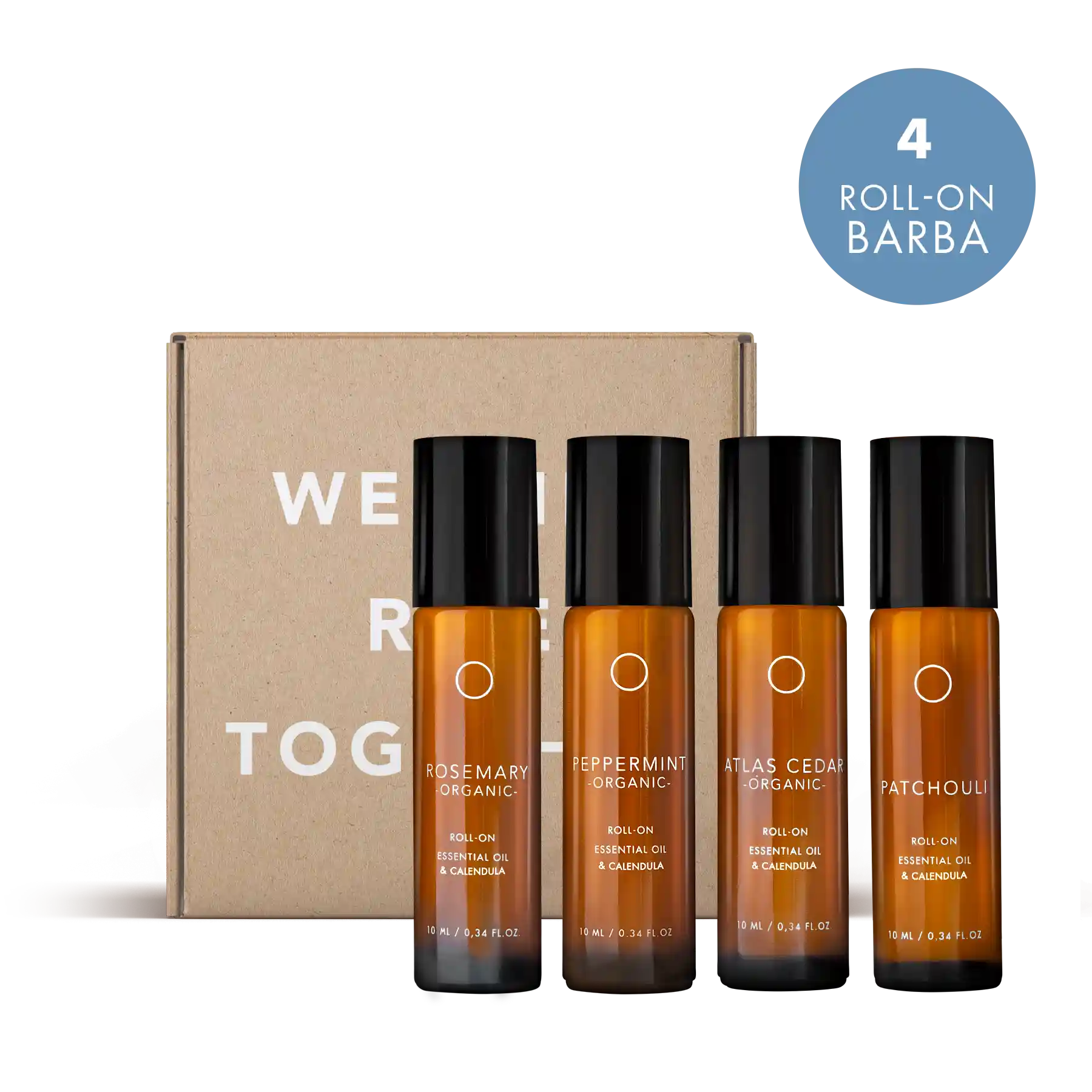 Kit para barba de 4 aceites esenciales puros en Roll-On: Cedro, Pachuli, Romero y Menta