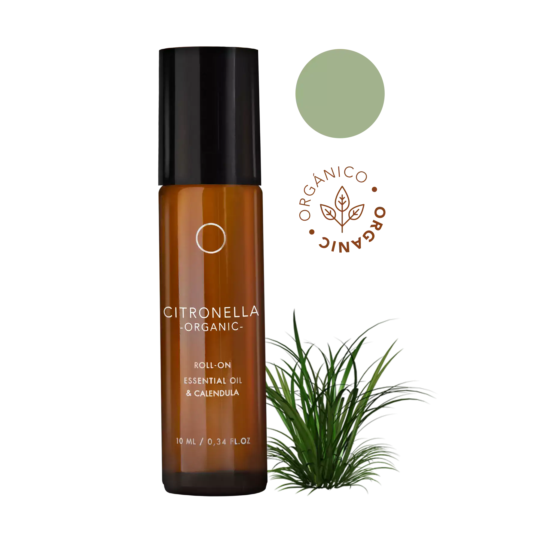 Citronela Orgánica: Aceite esencial en Roll-on (10ml) con extracto de caléndula, almendras y Vitamine E, textura ligera