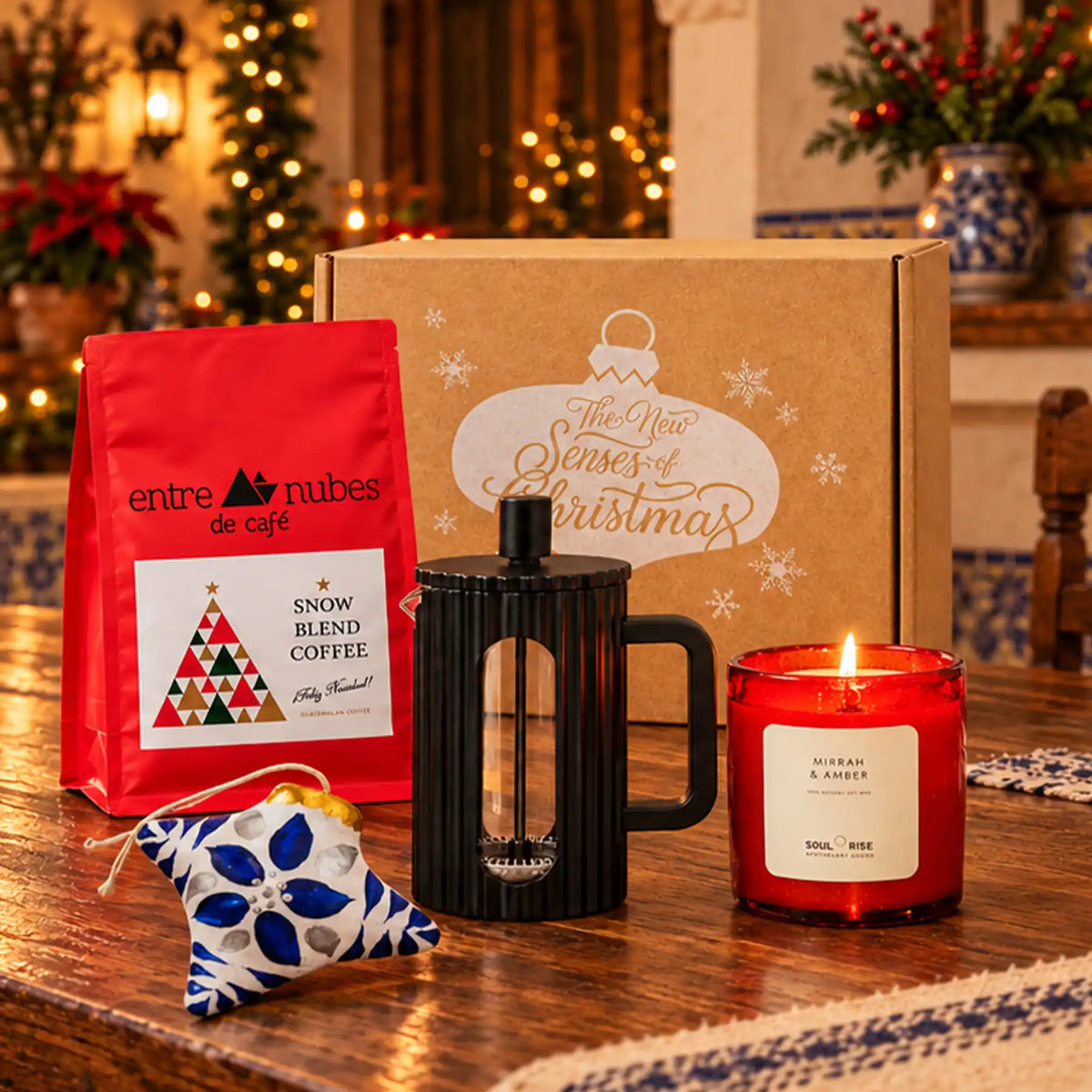 Kit corporativo de Navidad Soul Rise con café de especialidad, prensa francesa, vela artesanal y esfera de talavera